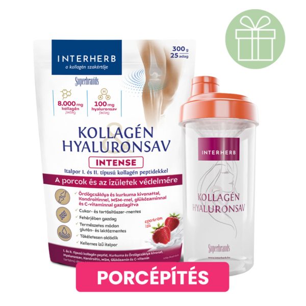 Interherb Kollagén&Hyaluronsav italpor INTENSE Eperkrém ízű 300g +ajándék Shaker