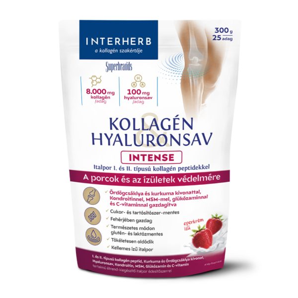 Interherb Kollagén&Hyaluronsav Porcépítő italpor INTENSE Eperkrém ízű 300g