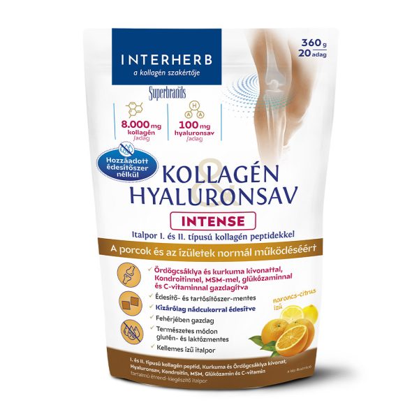 Interherb Kollagén&Hyaluronsav Porcépítő italpor INTENSE nádc. Narancsízű 360g