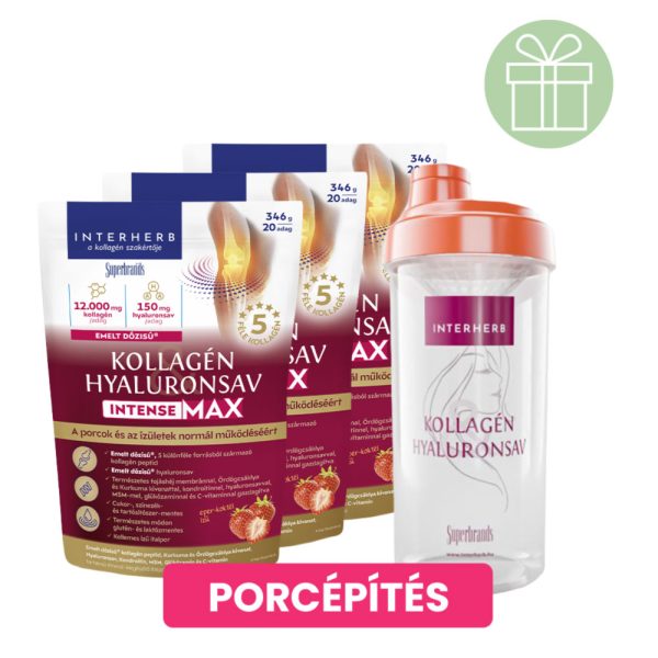 Interherb Kollagén&Hyaluronsav italpor INTENSE-MAX Eper ízű 3x346g +ajánd.Shaker